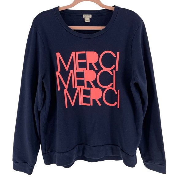 J. Crew Women's Size Large Navy & Coral Pink "Merci" French Graphic Crew Neck Sw - Picture 1 of 5